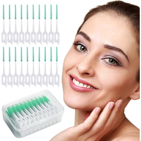 200 Pcs Interdental Floss Sticks Soft Silicone Toothbrush Green