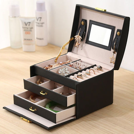 Jewelry Box 3 Layer Faux Leather Makeup Case with 2 Drawers Black