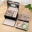 Jewelry Box 3 Layer Faux Leather Makeup Case with 2 Drawers Black