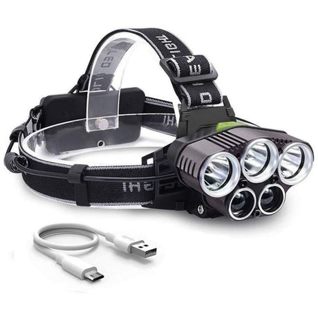 Rechargeable Headlamp 5 LED USB Head Torch 6 Modes Black
