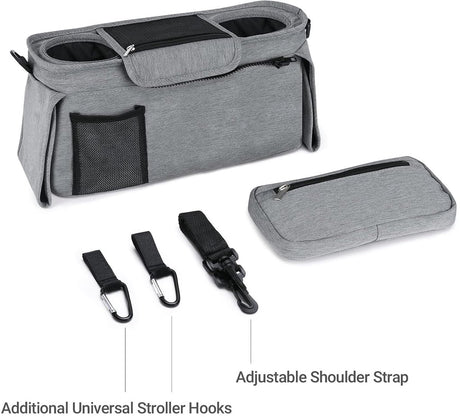 Universal storage bag for stroller - with drink holder - cup holder - stroller storage accessories - large capacity stroller bag