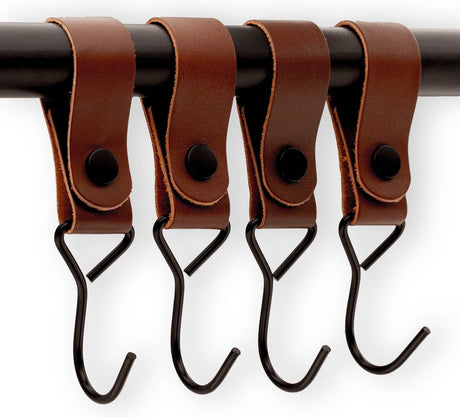 Brute Strength - Multifunctional Hook with Leather Loop - Cognac - 2 pieces - Coat Hook - Camping Hook - Leather - Hanging Hooks - Towel Hooks