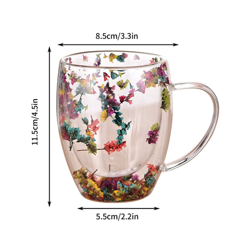 Double-Wall Insulated Glass Mug with Handle,High Borosilicate Glass Coffee Cup for Hot & Cold Drinks - Decorative with Flowers/Shells/Glitter,Tea, Latte, Iced Beverage Cup S01