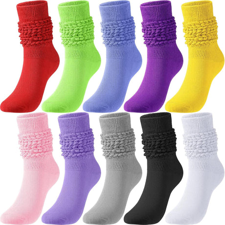WQBLQH 10 Pairs Women's Slouch Socks Extra Long Knitted Sock Cotton Scrunchie Socks Size 9 to 11 Bright Color 1