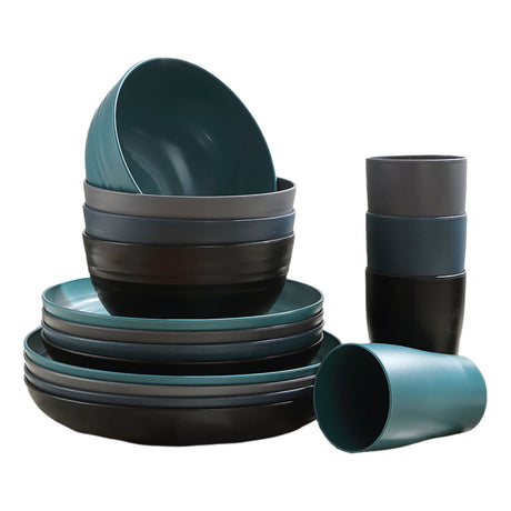 Darzheoy 16 Pieces Kitchen Dinnerware Set, Service for 8, Dinner Plates, Dessert Plate, Cereal Bowls, Cups, Colorful Plastic Outdoor Camping Dishes Green