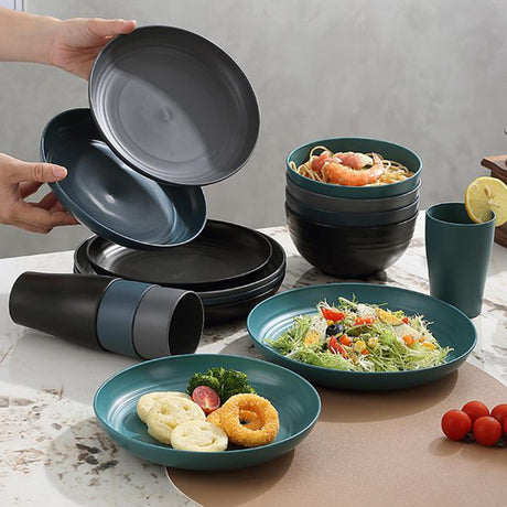 Darzheoy 16 Pieces Kitchen Dinnerware Set, Service for 8, Dinner Plates, Dessert Plate, Cereal Bowls, Cups, Colorful Plastic Outdoor Camping Dishes Green