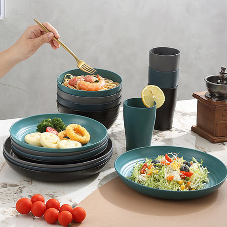 Darzheoy 16 Pieces Kitchen Dinnerware Set, Service for 8, Dinner Plates, Dessert Plate, Cereal Bowls, Cups, Colorful Plastic Outdoor Camping Dishes Green
