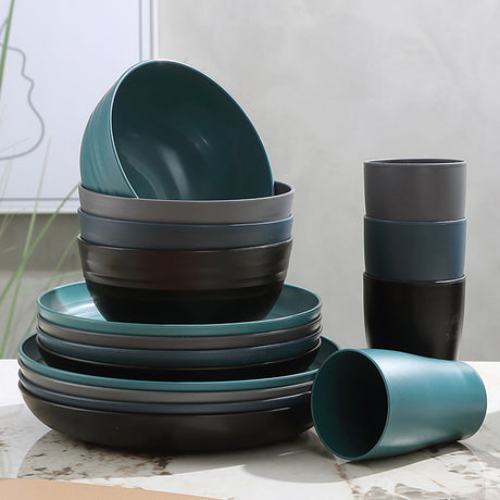 Darzheoy 16 Pieces Kitchen Dinnerware Set, Service for 8, Dinner Plates, Dessert Plate, Cereal Bowls, Cups, Colorful Plastic Outdoor Camping Dishes Green