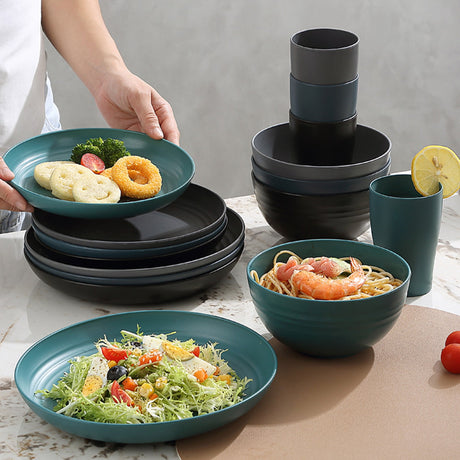 Darzheoy 16 Pieces Kitchen Dinnerware Set, Service for 8, Dinner Plates, Dessert Plate, Cereal Bowls, Cups, Colorful Plastic Outdoor Camping Dishes Green