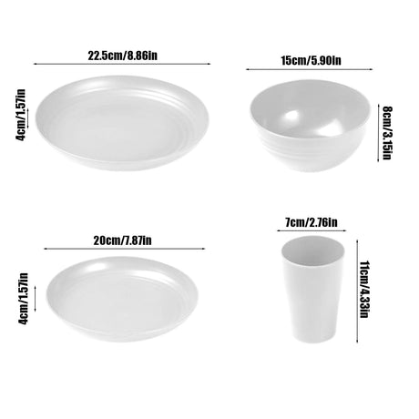 Darzheoy 16 Pieces Kitchen Dinnerware Set, Service for 8, Dinner Plates, Dessert Plate, Cereal Bowls, Cups, Colorful Plastic Outdoor Camping Dishes White