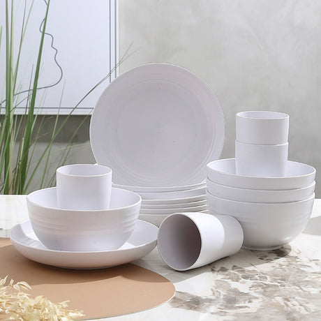 Darzheoy 16 Pieces Kitchen Dinnerware Set, Service for 8, Dinner Plates, Dessert Plate, Cereal Bowls, Cups, Colorful Plastic Outdoor Camping Dishes White