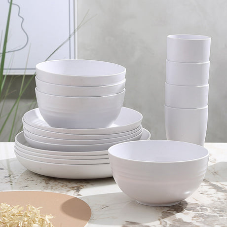 Darzheoy 16 Pieces Kitchen Dinnerware Set, Service for 8, Dinner Plates, Dessert Plate, Cereal Bowls, Cups, Colorful Plastic Outdoor Camping Dishes White