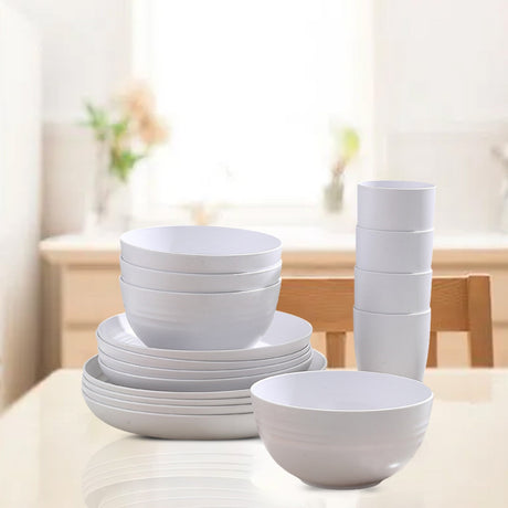 Darzheoy 16 Pieces Kitchen Dinnerware Set, Service for 8, Dinner Plates, Dessert Plate, Cereal Bowls, Cups, Colorful Plastic Outdoor Camping Dishes White