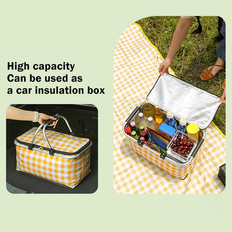 Kdkad Picnic Basket, Collapsible Shopping Basket with Lid Large Market Basket with Handles Reusable Folding Grocery Basket Insulated Cooler Bag for Picnic Travel 18.5×8.7×10.6 in Green