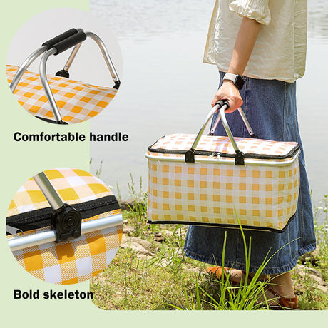 Kdkad Picnic Basket, Collapsible Shopping Basket with Lid Large Market Basket with Handles Reusable Folding Grocery Basket Insulated Cooler Bag for Picnic Travel 18.5×8.7×10.6 in Yellow