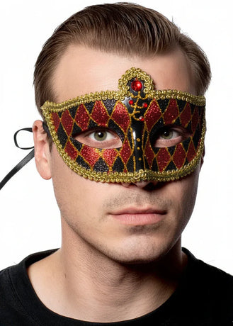 Harlequin Black and Red Glitter Venetian Masquerade Mask