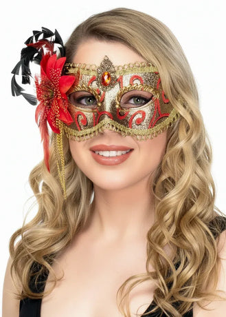 Side Flower Red and Gold Brocade Deluxe Masquerade Mask