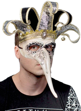 Venetian Long Nose Jester Antique Cream Masquerade Mask