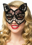 Black Lace and Leopard Print Velvet Luxury Cat Face Masquerade Mask