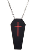 Black Leather Coffin with Red Cross Halloween Necklace