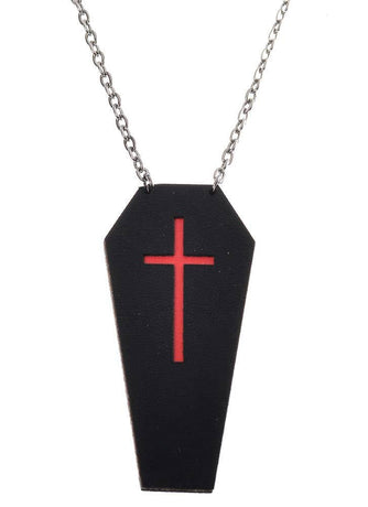 Black Leather Coffin with Red Cross Halloween Necklace