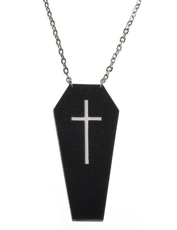 Black Leather Coffin with White Cross Halloween Necklace