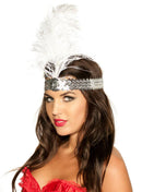 1920s Silver Sequin Flapper Headband with White Feather