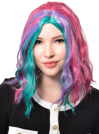 Mid Length Wavy Pink Purple and Teal Womens Costume Wig