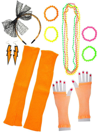 Neon Orange 12 Piece 1980s Costume Accessory Set