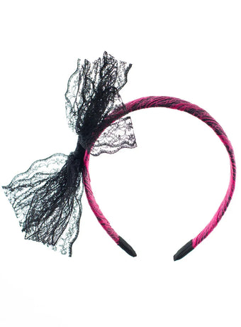 80s Neon Pink And Black Lace Costume Headband With Bow
