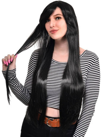Morticia Womens Extra Long Straight Black Costume Wig