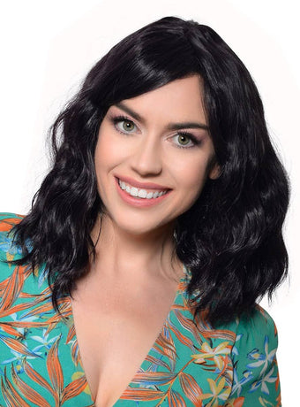 Deluxe Wavy Mid-Length Black Fashion Wig with Skin Top