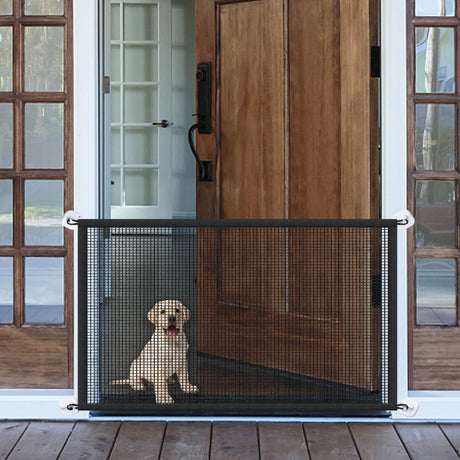 Mesh Dog Gates for Pets, Magic Pet Gate for The House, Portable Puppy Safety Fence Guard for Stairs and Doorways, Easy Install Anywhere, 4 Hooks 2 Stainless Steel Poles（110*72cm）