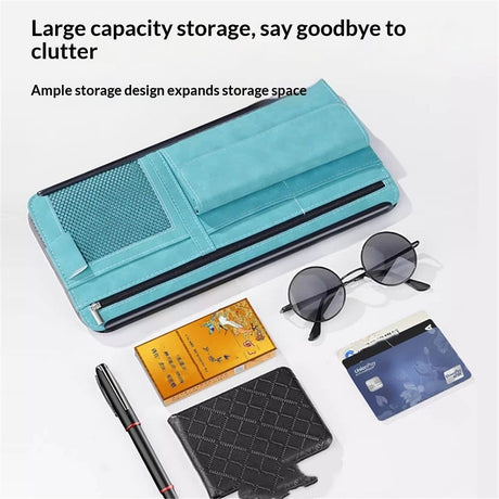 Car Sun Visor Organizer, Soft Leather Surface Eyeglasses Note Card Holder Car Storage Bag, Scratch-Resistant Waterproof Auto Sunshade Organizer Bag, Car Accessories (Blue)