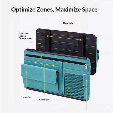 Car Sun Visor Organizer, Soft Leather Surface Eyeglasses Note Card Holder Car Storage Bag, Scratch-Resistant Waterproof Auto Sunshade Organizer Bag, Car Accessories (Blue)