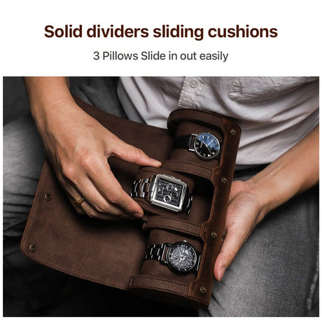 3 Watch Travel Case- Classic Leather Watch Case With Perfect Texture.Portable Watch Roll Or Organizer For Storage And Display. Luxury Gifts For Men, All Handmade by Artisans.