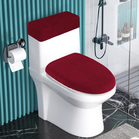 Stretch Velvet Toilet Lid Cover and Toilet Tank Lid Cover, Bathroom Super Soft Toilet Lid Cover Set Luxury Velvet Plush, with Elastic Bottom, Machine Wash, Burgundy