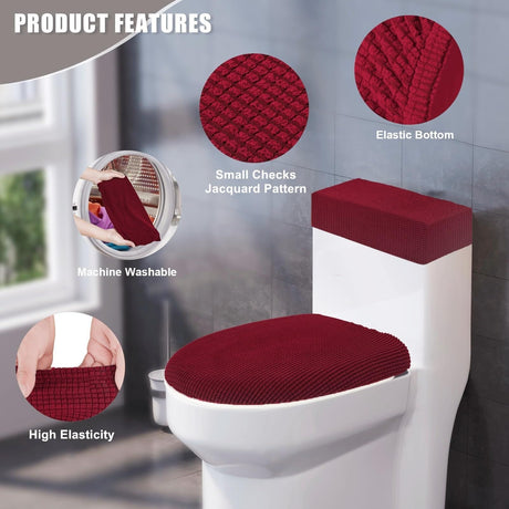 Stretch Velvet Toilet Lid Cover and Toilet Tank Lid Cover, Bathroom Super Soft Toilet Lid Cover Set Luxury Velvet Plush, with Elastic Bottom, Machine Wash, Burgundy