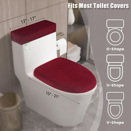 Stretch Velvet Toilet Lid Cover and Toilet Tank Lid Cover, Bathroom Super Soft Toilet Lid Cover Set Luxury Velvet Plush, with Elastic Bottom, Machine Wash, Burgundy