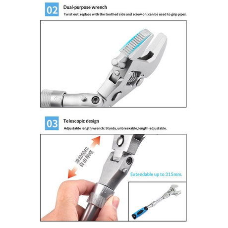 5 in 1 Flex Head Adjustable Wrench, Reversible Jaw Pipe Wrench with  Retractable Extension Shank and 180⁰ Rotatable Head