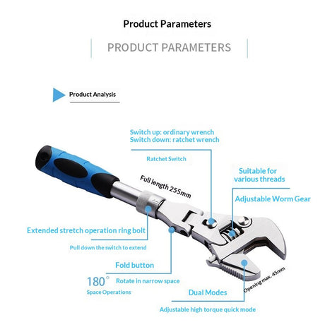 5 in 1 Flex Head Adjustable Wrench, Reversible Jaw Pipe Wrench with  Retractable Extension Shank and 180⁰ Rotatable Head