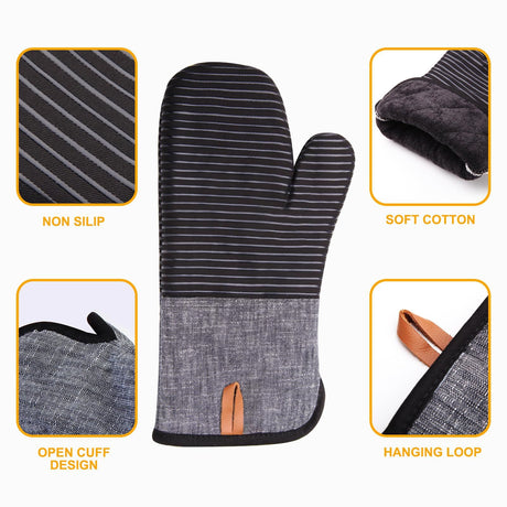 4PCS Oven Mitts and Pot Holders, Silicone Oven Gloves,  Heat Resistant Oven Mitts Sets, Non-Slip Silicone Textured Grip, (Black)