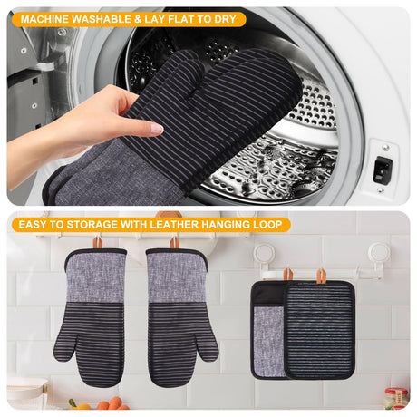 4PCS Oven Mitts and Pot Holders, Silicone Oven Gloves,  Heat Resistant Oven Mitts Sets, Non-Slip Silicone Textured Grip, (Black)
