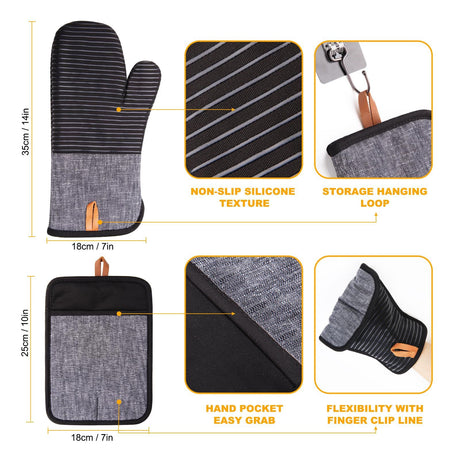 4PCS Oven Mitts and Pot Holders, Silicone Oven Gloves,  Heat Resistant Oven Mitts Sets, Non-Slip Silicone Textured Grip, (Black)