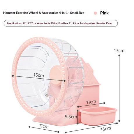 4 in 1 Silent Large Hamster Wheel Multifunctional Hamster Running Wheel Quite Running Spinner Wheel Accessories with Food Bowl Water Bottle for Hamsters Dwarf Gerbil (pink)