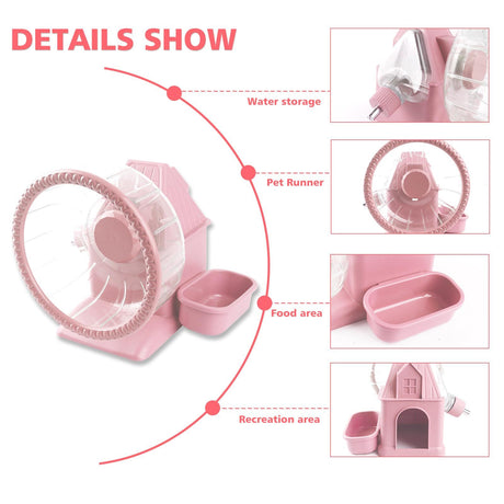 4 in 1 Silent Large Hamster Wheel Multifunctional Hamster Running Wheel Quite Running Spinner Wheel Accessories with Food Bowl Water Bottle for Hamsters Dwarf Gerbil (pink)