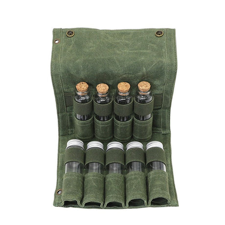 Camping Spice kit with 9 spice Jar Canvas Travel Seasoning container, portable spice bag for travel (MILITARY GREEN)