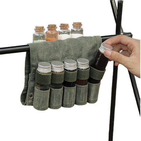Camping Spice kit with 9 spice Jar Canvas Travel Seasoning container, portable spice bag for travel (MILITARY GREEN)