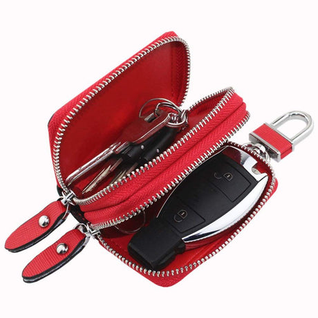 Key Fob Case Genuine Leather, Double Zipper Car Key Holder & Key Wallet with Keychain, Key Pouch for Purse Gift