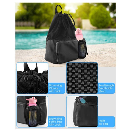 Swim Bag Beach Backpack with Wet Pocket Mesh Drawstring Bags for Swimming, Gym black Mesh Swim Bag Beach Drawstring Backpack, Waterproof Gym Bags for Women and Men